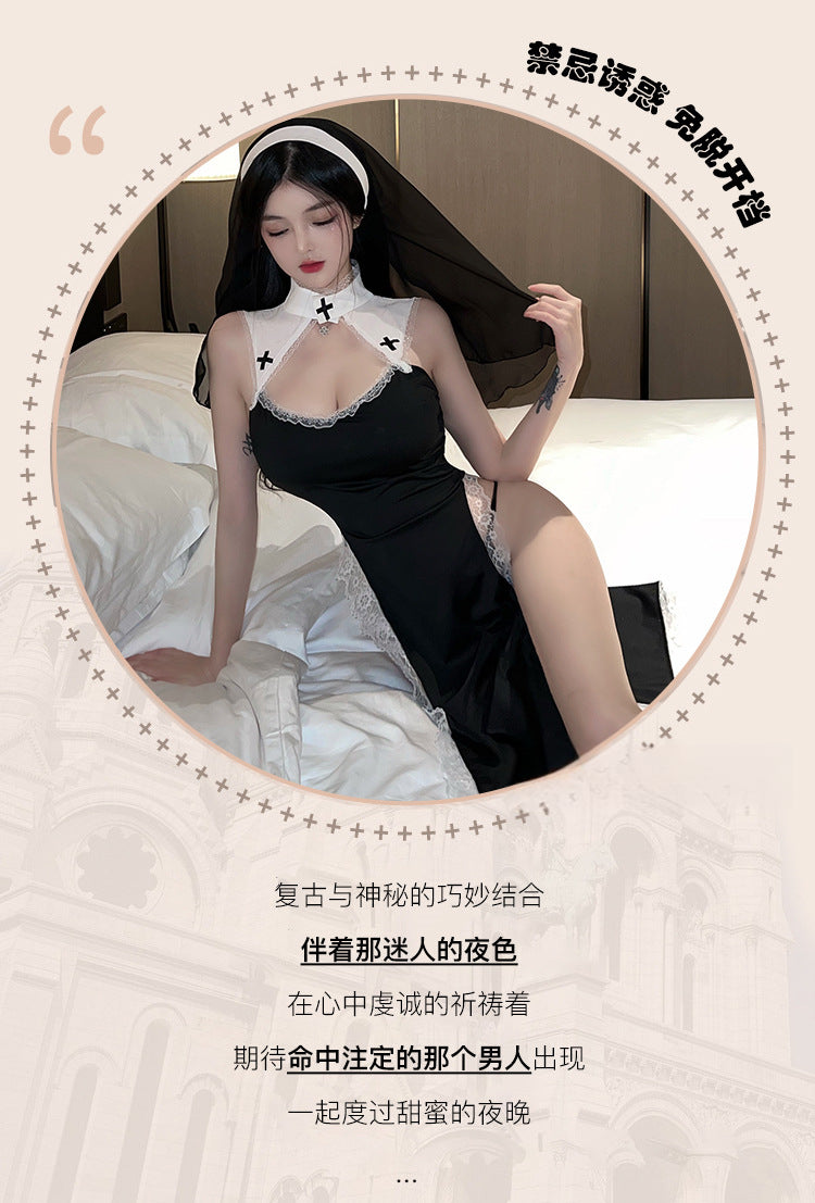 Set Pakaian Main Peranan Gothic Mystique - Kostum Renda Mesh Tipis dengan Aksen Rosari Boleh Ditanggalkan untuk Senario Fantasi Bertema