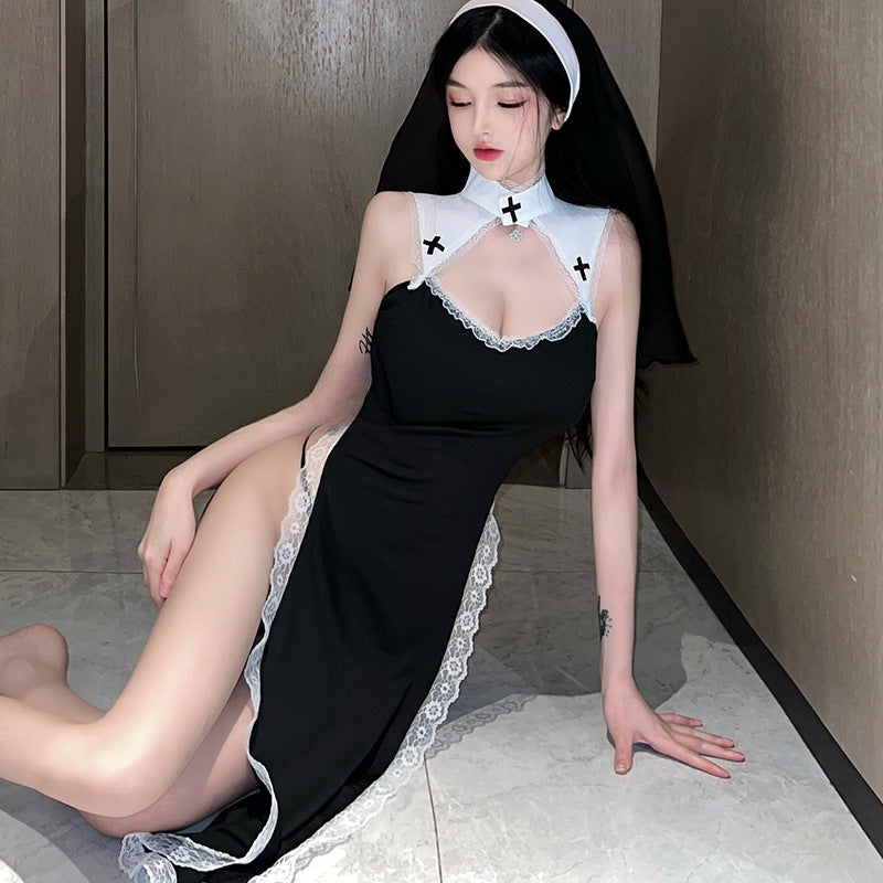 Set Pakaian Main Peranan Gothic Mystique - Kostum Renda Mesh Tipis dengan Aksen Rosari Boleh Ditanggalkan untuk Senario Fantasi Bertema