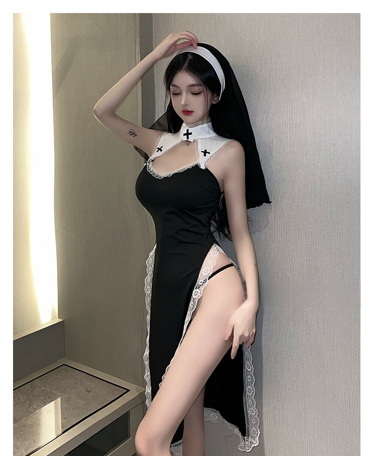 Set Pakaian Main Peranan Gothic Mystique - Kostum Renda Mesh Tipis dengan Aksen Rosari Boleh Ditanggalkan untuk Senario Fantasi Bertema